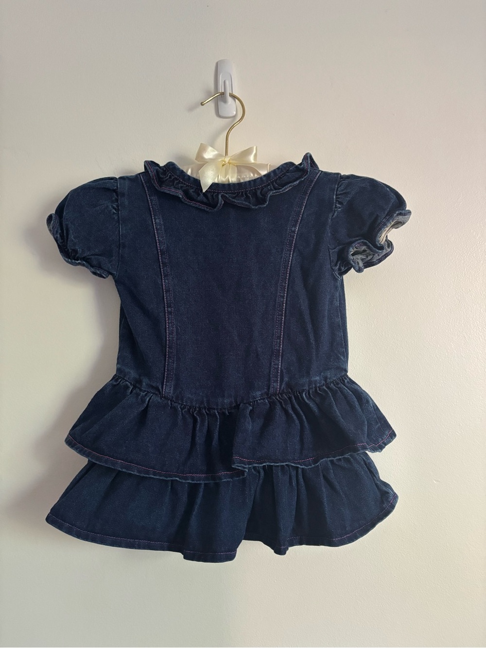 Vintage Calabash Dark Denim Ruffled Baby Girl Dress Pink Accent